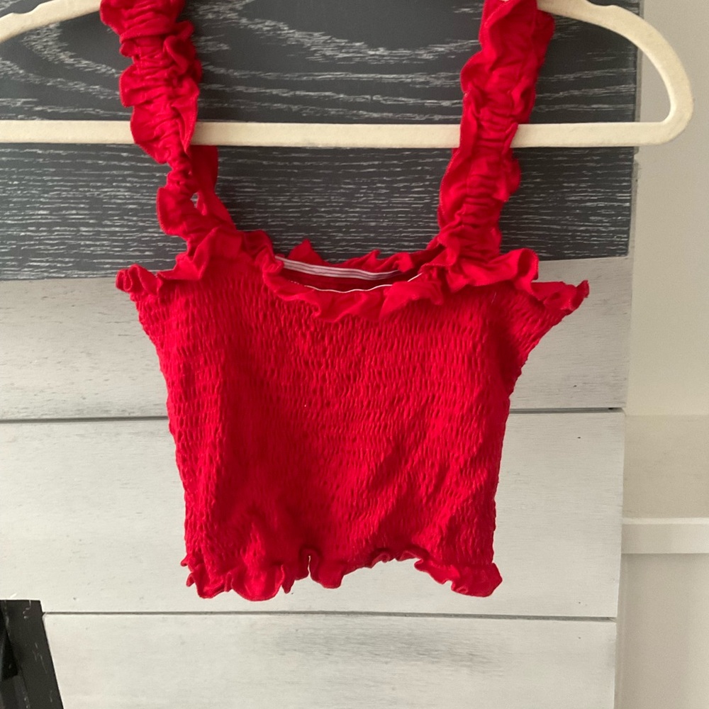 Amazon Red Ruffled Cropped Tank Top